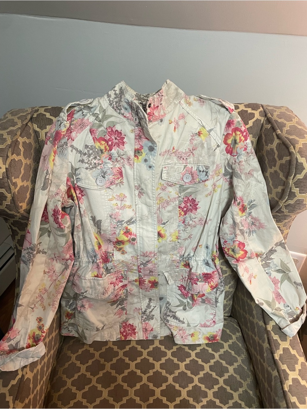 Jou Jou Floral Utility Jacket in White with Pink & Yellow Blooms